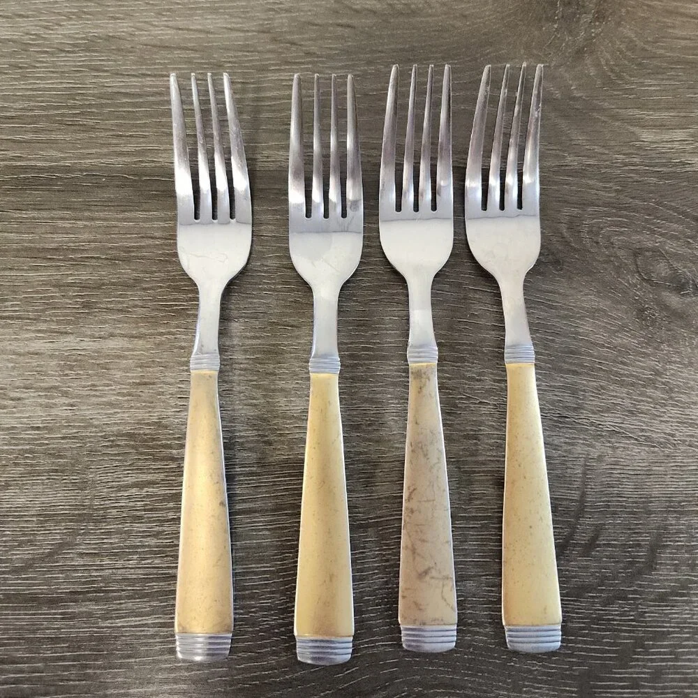 Vintage Mid-Century Modern Flatware Set Gold 2 Toned Stainless Mod Service For 4